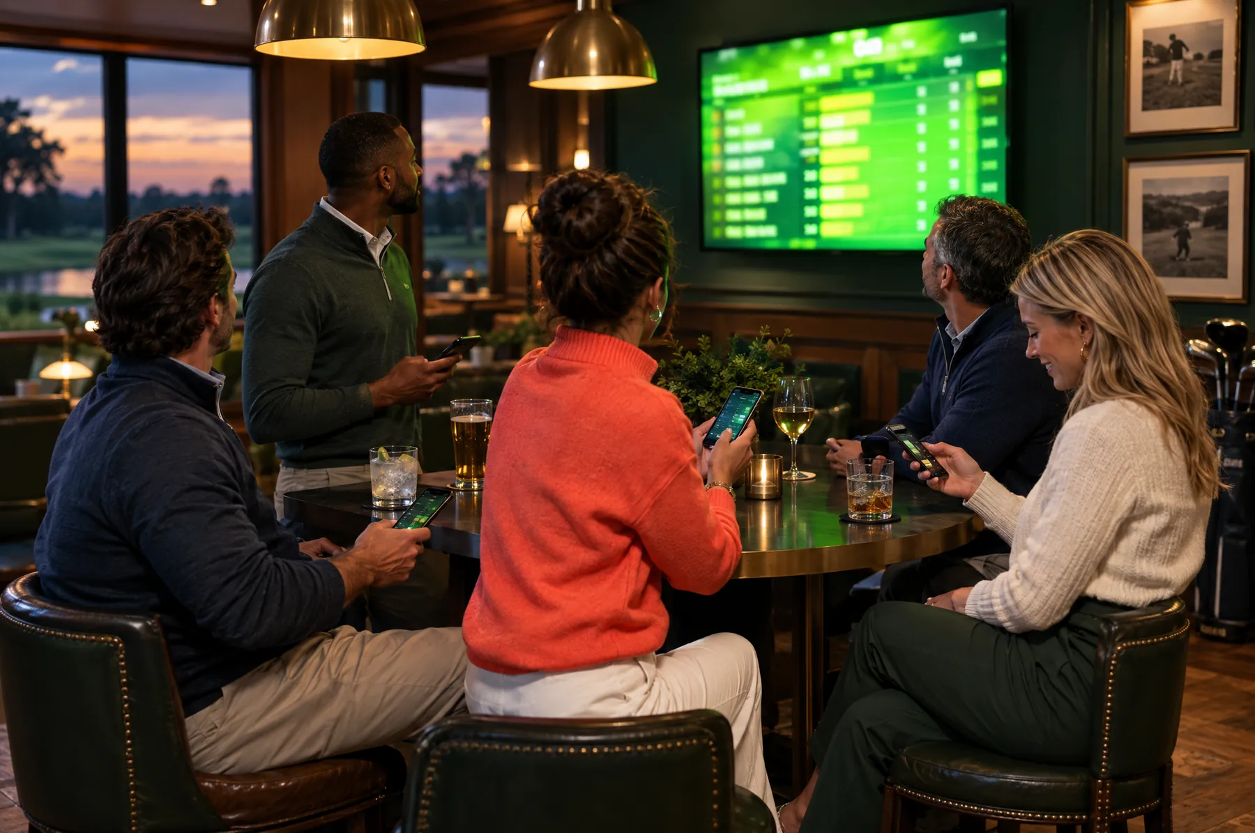 Members around a high table in a club grill room, phones out, watching the live board on the TV